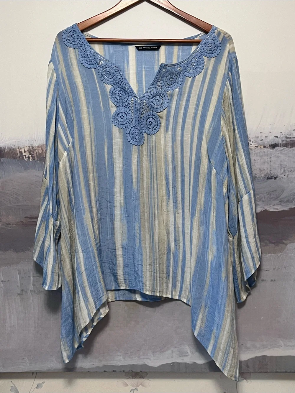 ZAC & RACHEL Boho Blue Striped Tunic Top 3X Crochet Trim Bell Sleeve Flowy